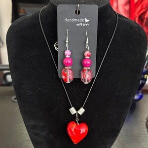 Handmade Red and Pink Heart Earrings with Necklace